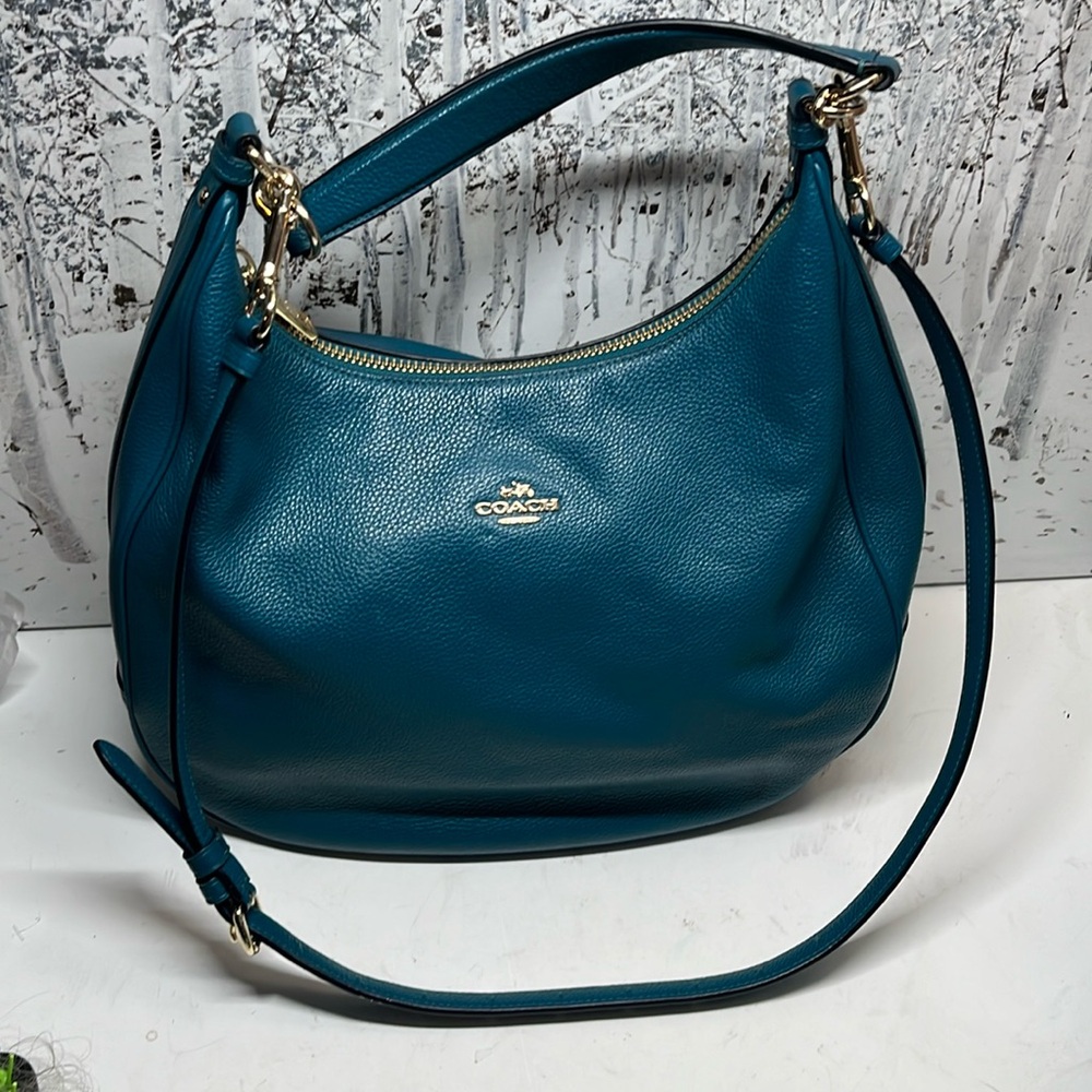 Coach Harley Pebbled Leather Handbag - Teal w/ Gold Hardware